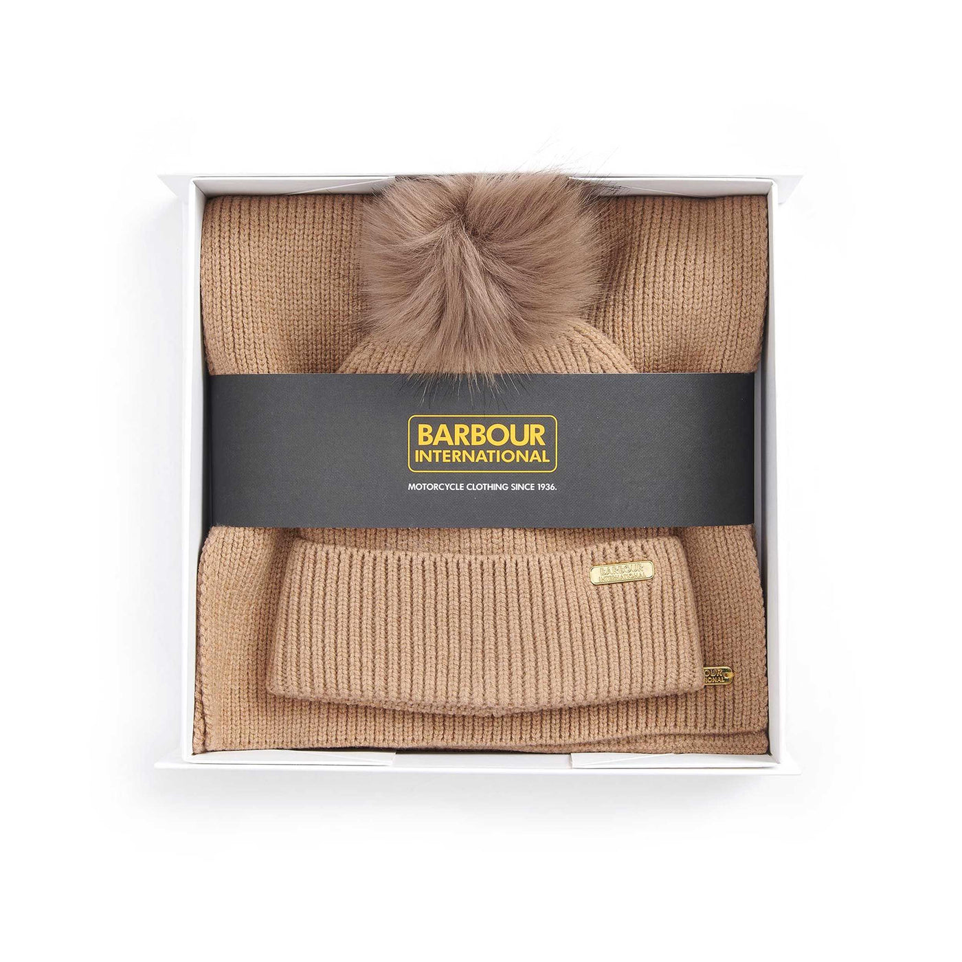 Barbour Mallory Ladies Beanie & Scarf Gift Set in Light Trench Box