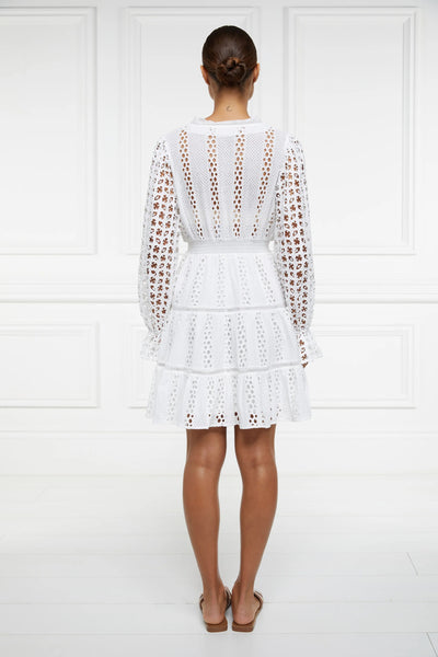 Holland Cooper Broderie Lace V Neck Dress in White Model Back