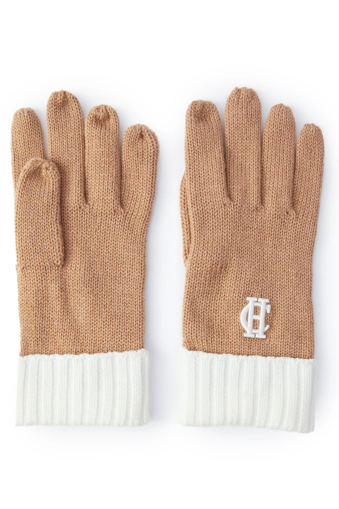 Holland Cooper Chelsea Logo Knitted Gloves in Camel Cream Pair