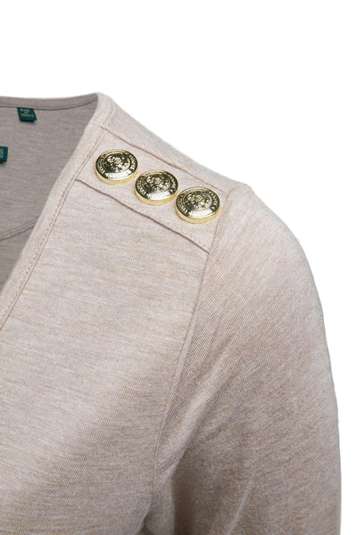 Holland Cooper Long Sleeve V Neck Tee in Oatmeal Shoulder Detail