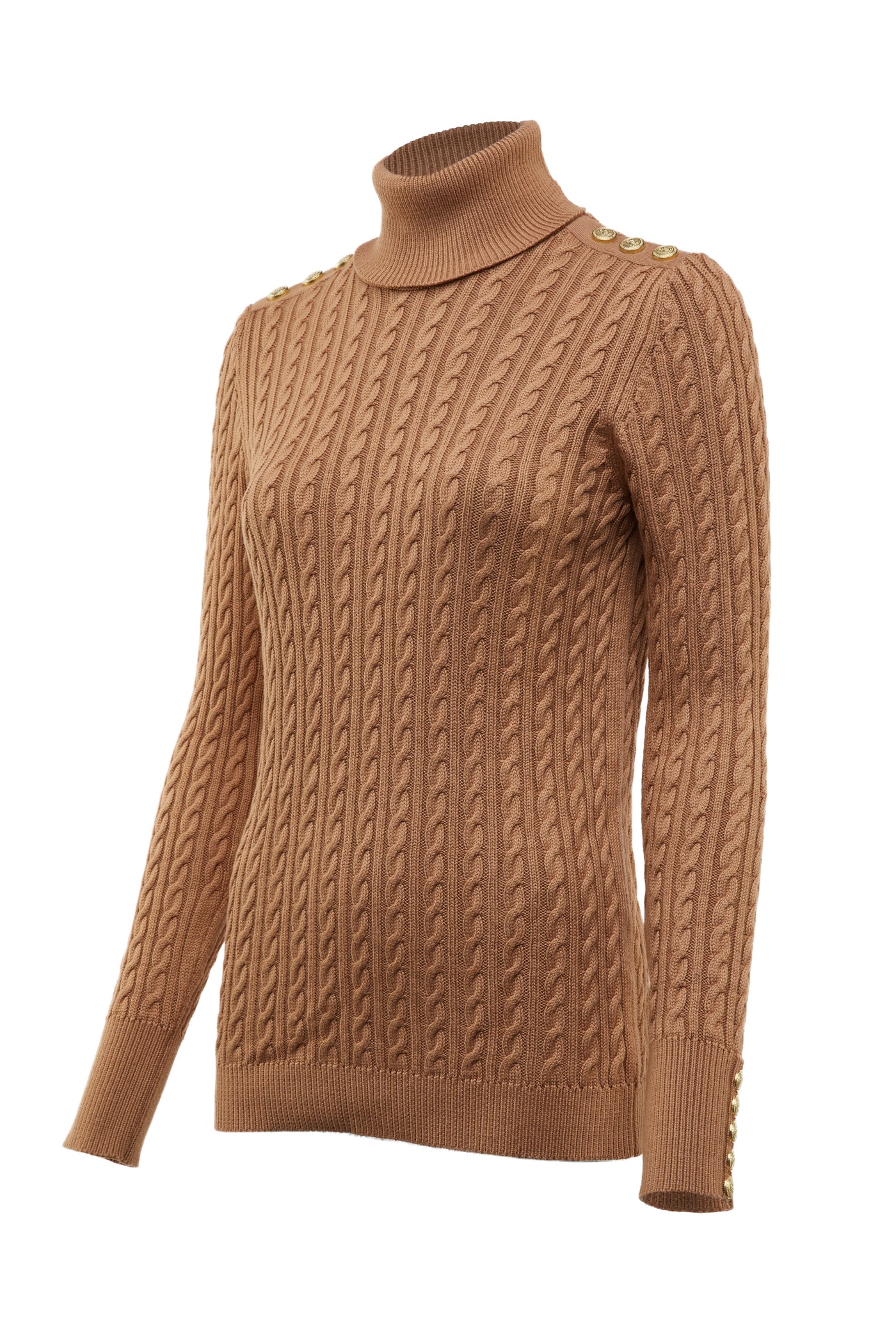 Holland Cooper Seattle Roll Neck Cable Knitwear in Dark Camel Marl Angle