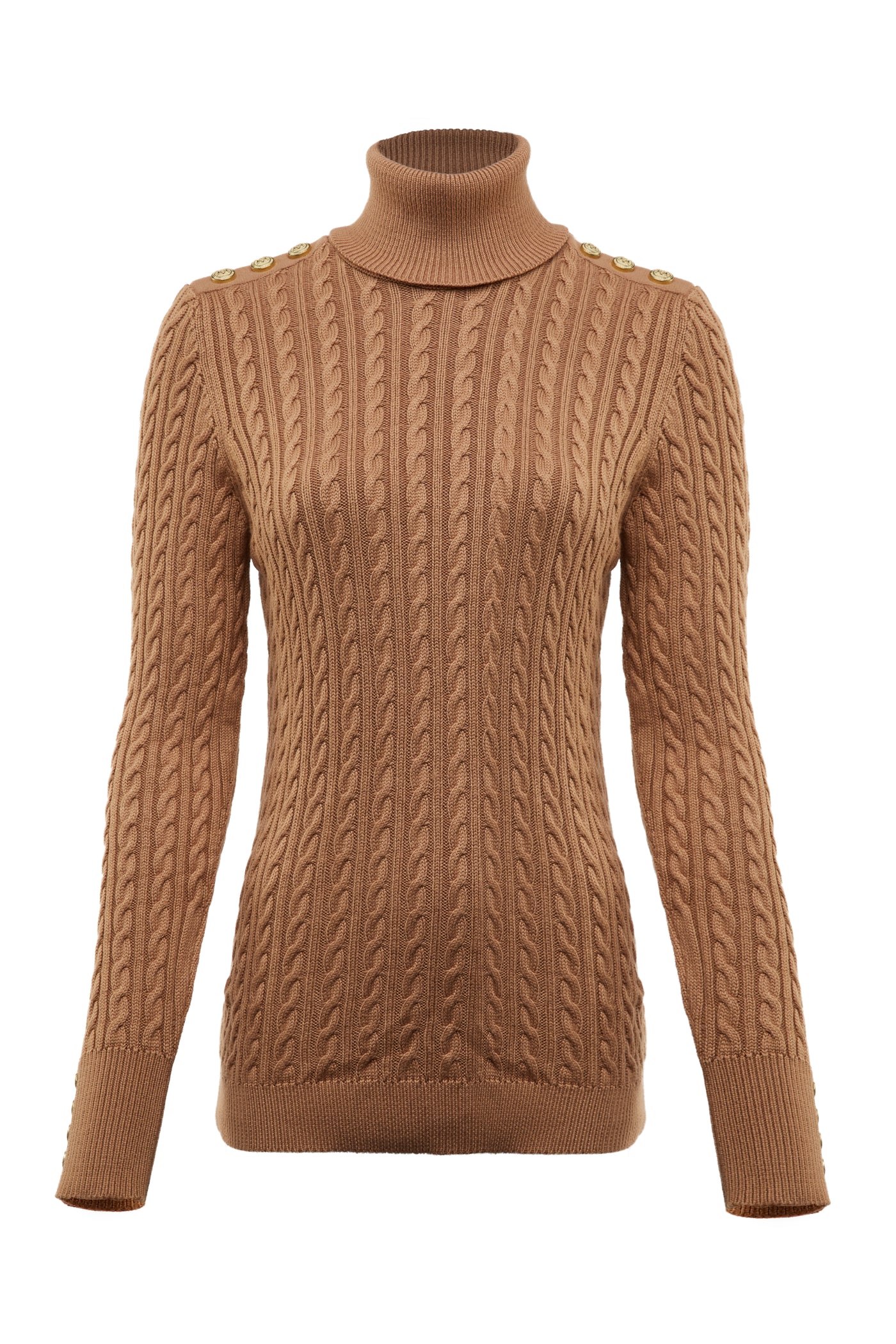 Holland Cooper Seattle Roll Neck Cable Knitwear in Dark Camel Marl Front