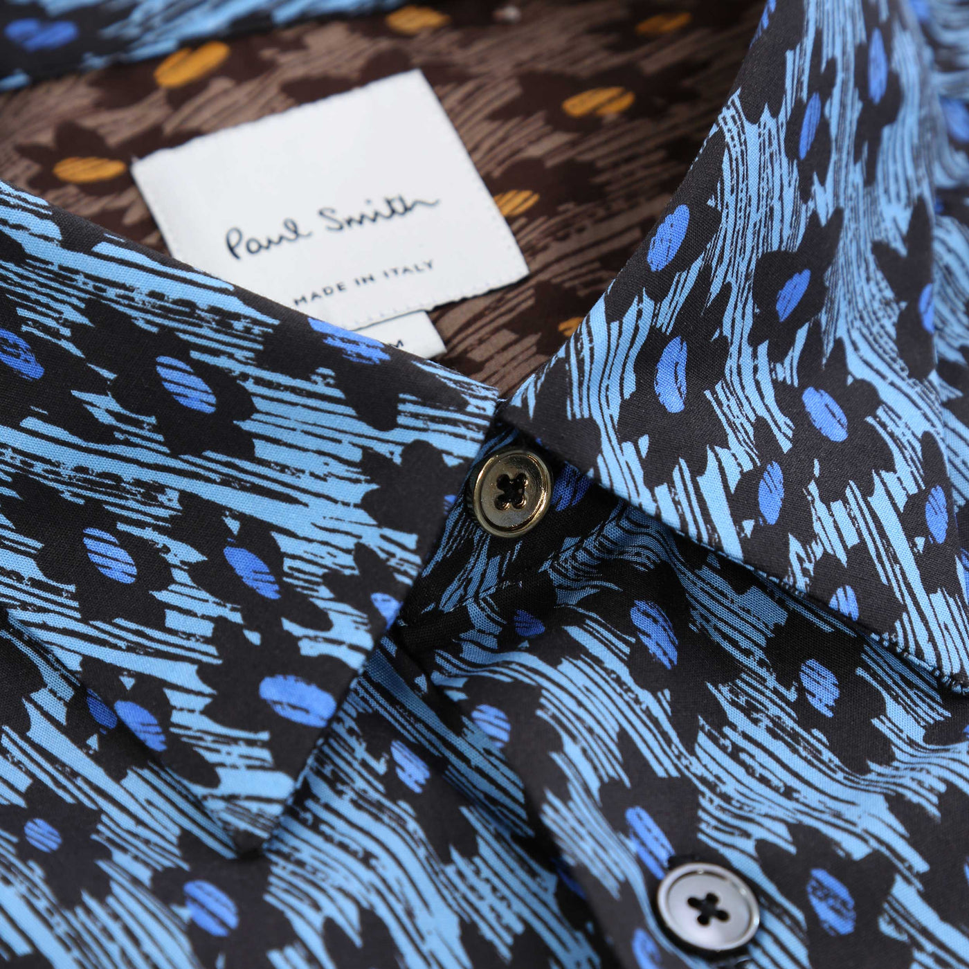 Paul Smith Flower Print Shirt in Blue Gold Top Button
