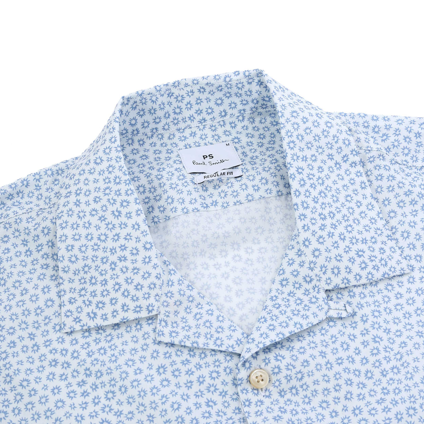 Paul Smith Small Floral Reg Fit SS Shirt in White & Blue collar