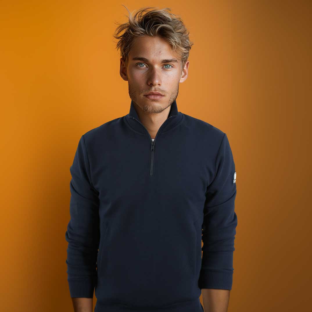 Sandbanks Interlock 1/4 Zip Sweatshirt in Navy Model