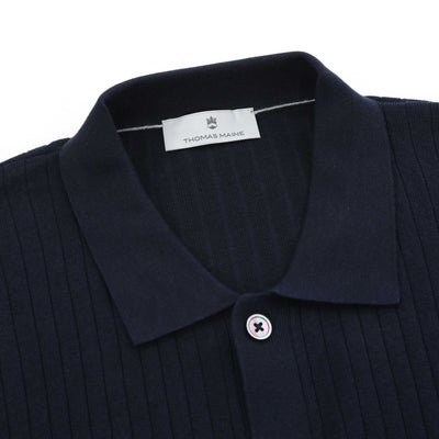 Thomas Maine Ribbed Button Thru Knitted Polo in Navy Collar