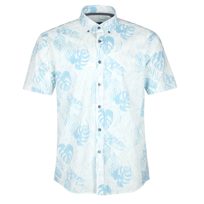 Remus Uomo Large Leaf Floral Print SS Shirt in White & Sky Blue
