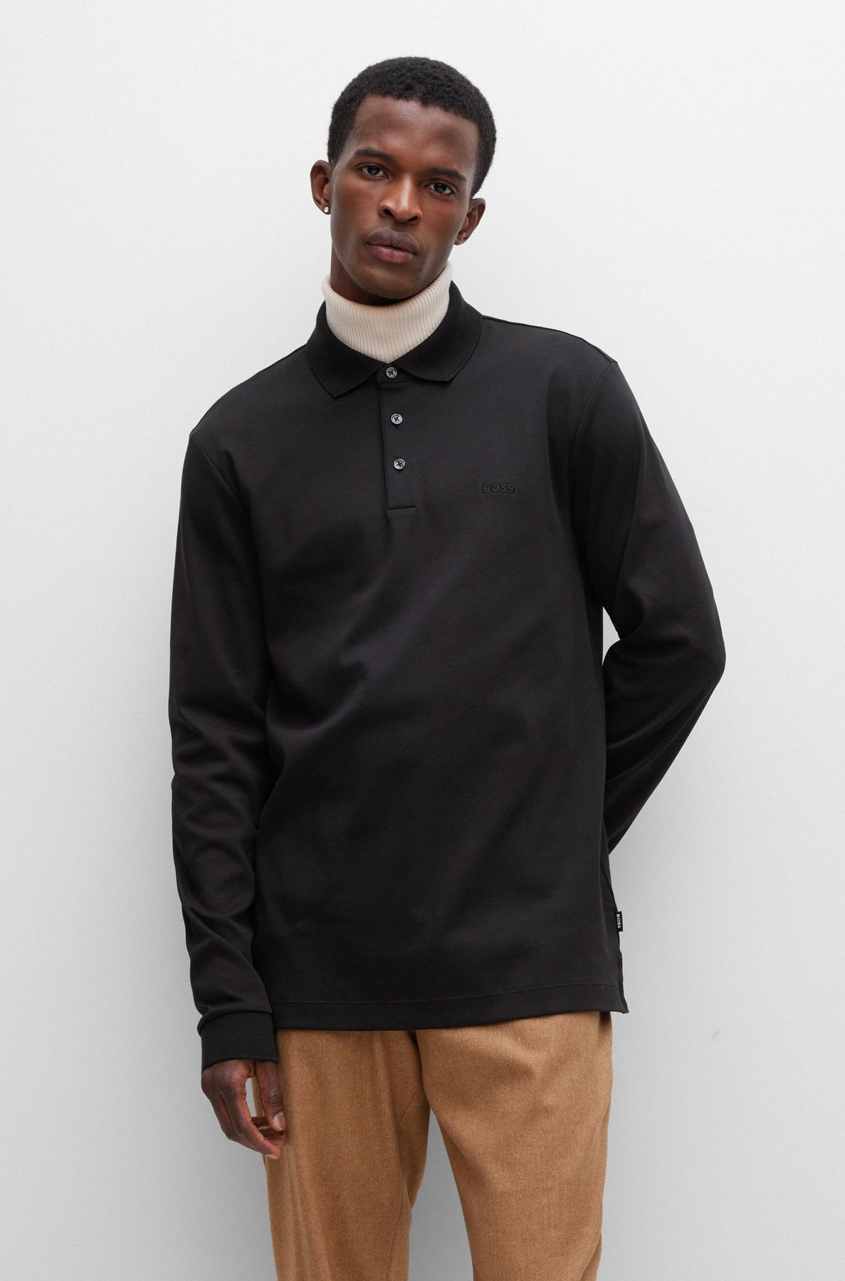 BOSS Pado 30 Long Sleeve Polo Shirt in Black | BOSS | Norton Barrie